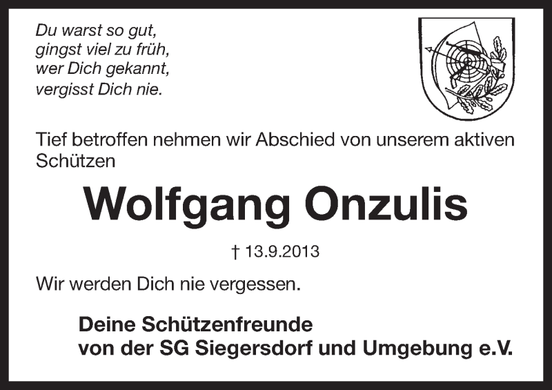  Traueranzeige für Wolfgang Onzulis vom 17.09.2013 aus Pegnitz-Zeitung